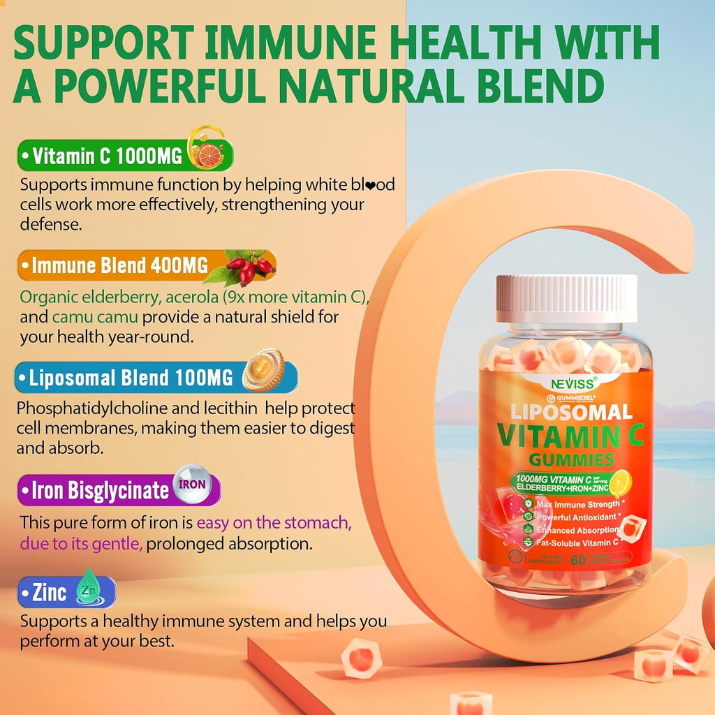 Liposomal Vitamin C 1000mg Gummies - Gomitas de Vitamina C Liposomal con Saúco, Zinc y Hierro, Sin Azúcar, 60 unidades