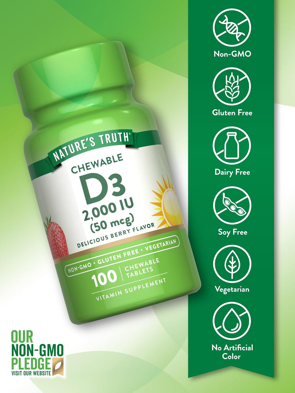 Nature's Truth Vitamina D3 Masticable 2.000 UI | 100 Comprimidos | Sabor a Bayas | Vegetariano, No Transgénico y Sin Gluten