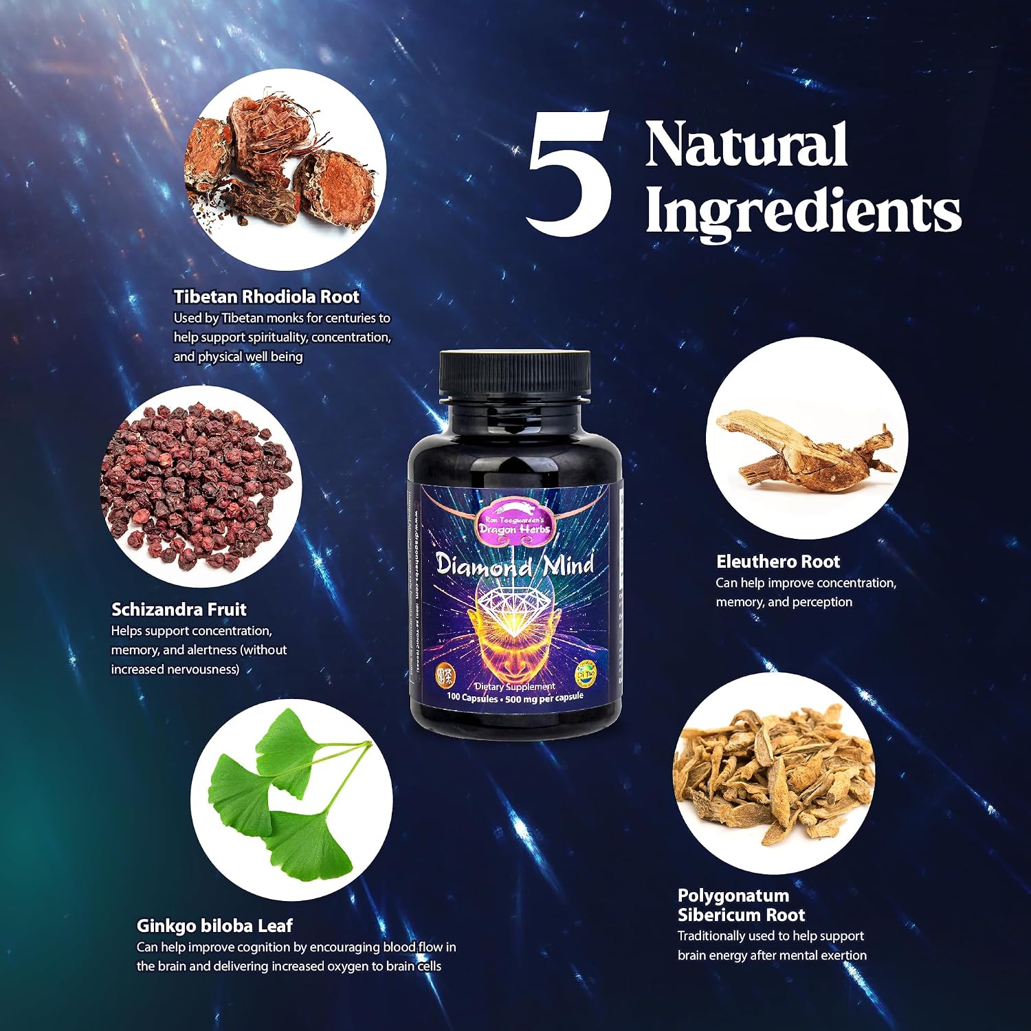 Dragon Herbs Diamond Mind - Suplemento para la memoria y concentración - 100 cápsulas