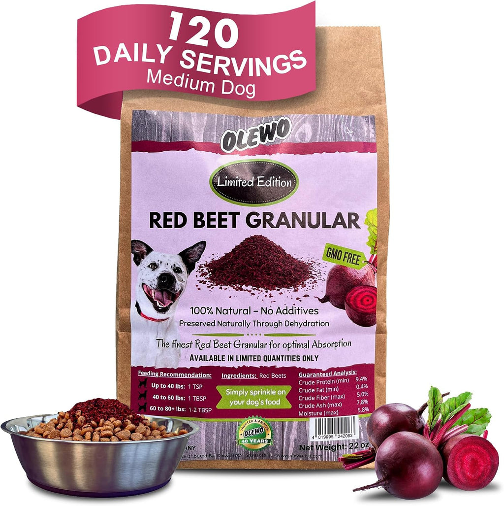 Olewo Remolacha Roja para Perros Granulado – Complemento Alimenticio para Apoyo Interno, Sensibilidad de la Piel y Equilibrio General, Fibra Prebiótica y Nutrientes de Alimentos Integrales, 623 g
