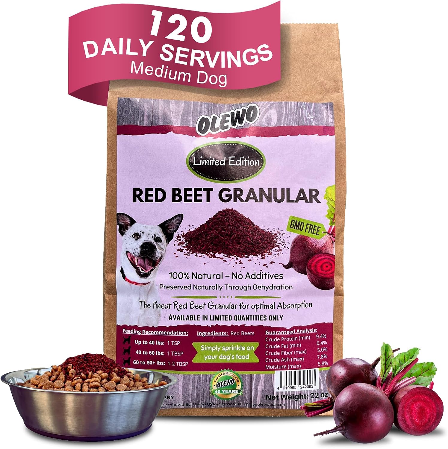 Olewo Remolacha Roja para Perros Granulado – Complemento Alimenticio para Apoyo Interno, Sensibilidad de la Piel y Equilibrio General, Fibra Prebiótica y Nutrientes de Alimentos Integrales, 623 g