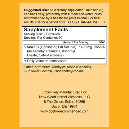 Liposomal Vitamin C 1400mg Per Serving - 180 Veggie Capsules High Absorption Ascorbic Acid – Image 2