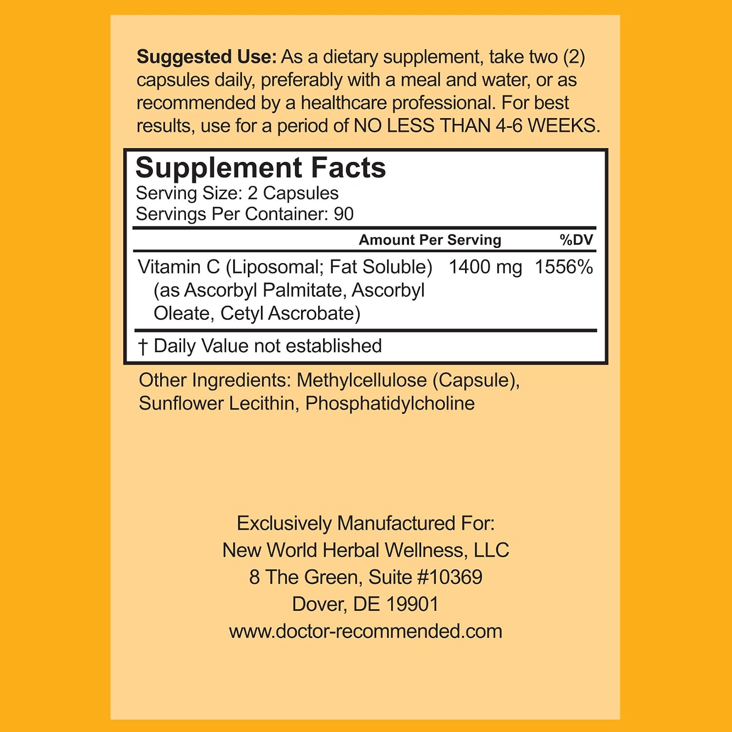 Vitamina C Liposomal 1400mg por Dosis – Alta Absorción, 180 Cápsulas Vegetales (2 Frascos)
