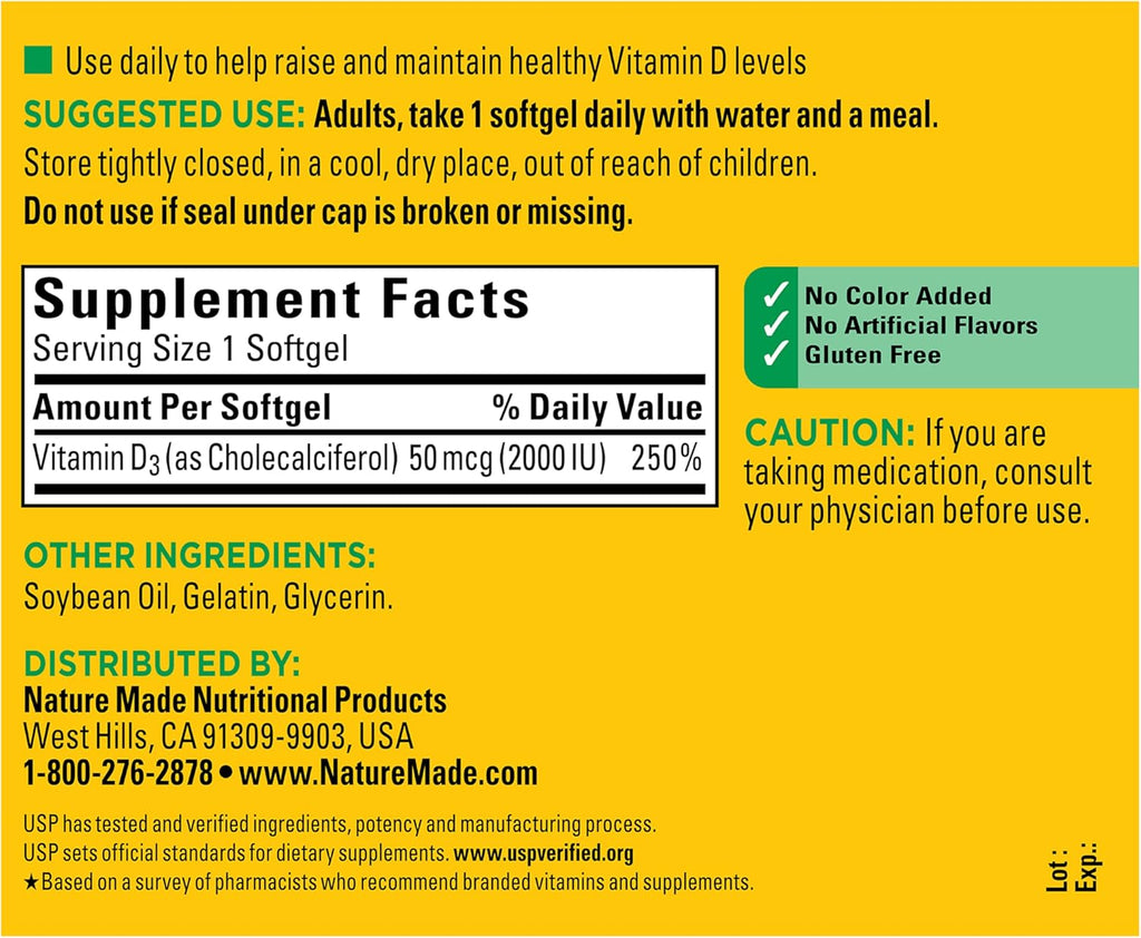 Nature Made Vitamina D3 2000 UI (50 mcg), suplemento para la salud ósea, dental, muscular e inmunológica, 250 cápsulas blandas, suministro para 250 días