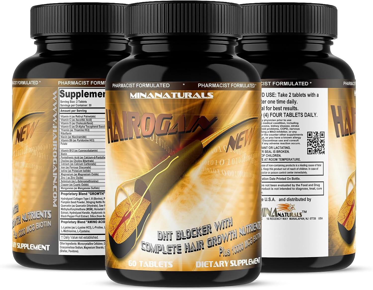 HAIROGAIN DHT Blocker - Biotina 10000 mcg, Colágeno y Vitaminas para el Cabello (60 Comprimidos)
