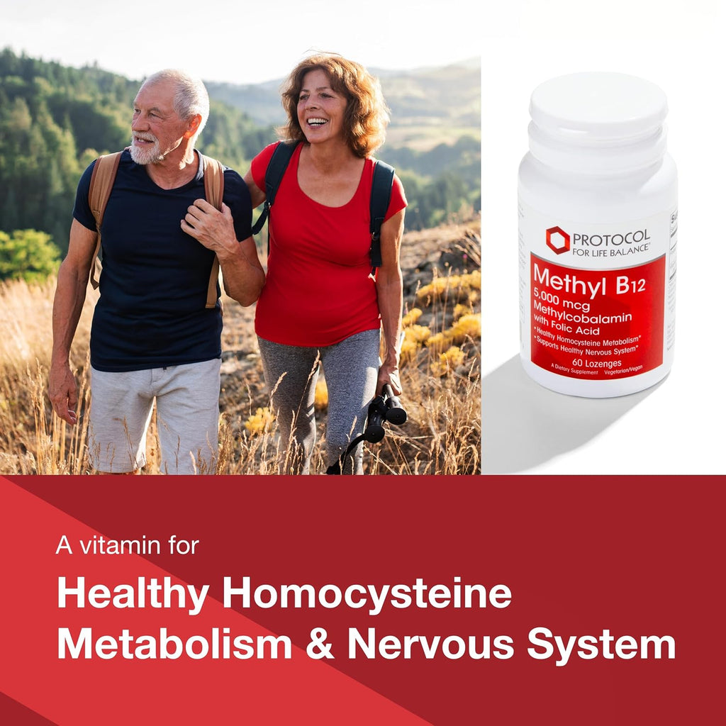 PROTOCOL FOR LIFE BALANCE Metil B12 5000mcg - Vitamina B12 para el Metabolismo de la Homocisteína - Apoya la Salud Cerebral y el Sistema Nervioso - Kosher, Halal y Vegano - 60 Pastillas
