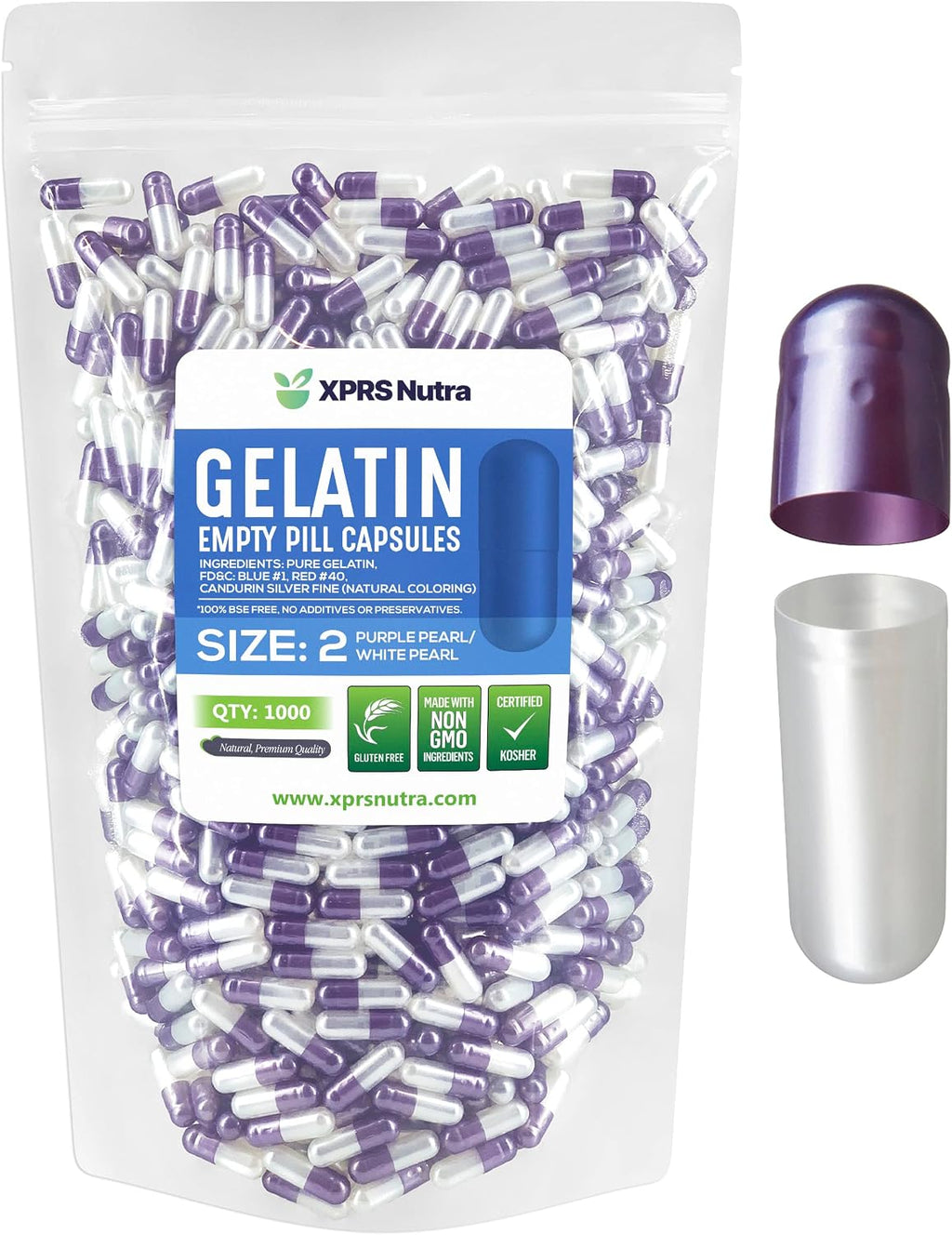 XPRS Nutra Cápsulas Vacías de Gelatina Tamaño 2 - 1000 Unidades - Cápsulas de Gelatina Bovina para Suplementos DIY (Púrpura Perlado/Blanco)