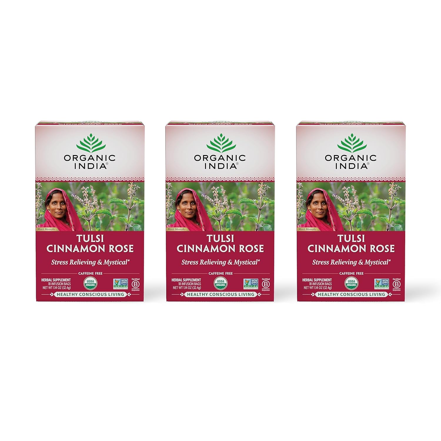 ORGANIC INDIA Té de Tulsi Original - Infusión de Albahaca Sagrada y Albahaca Africana, Relajante, Sin Cafeína - 18 Bolsitas, Pack de 3