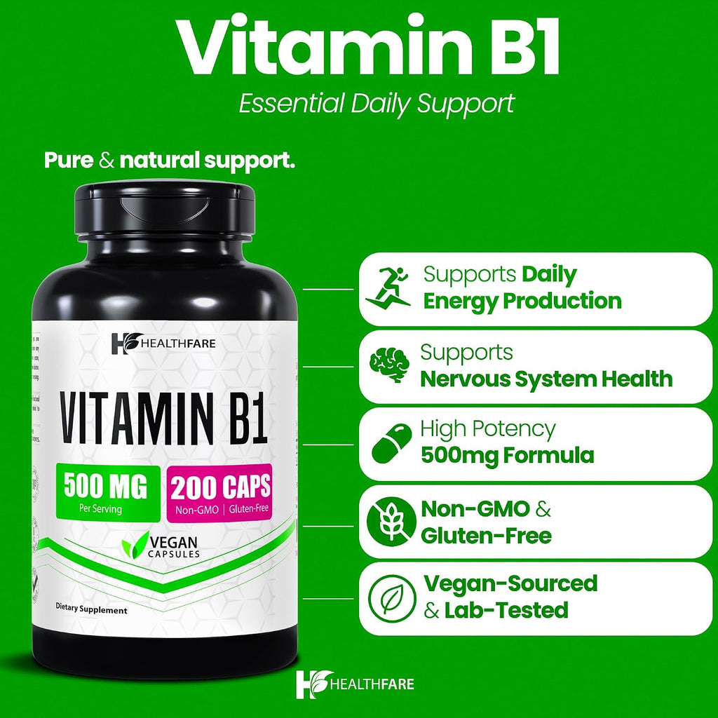 Healthfare Vitamina B1 (Tiamina) 500mg | 200 Cápsulas Veganas | Alta Potencia