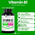 Healthfare Vitamina B1 (Tiamina) 500mg | 200 Cápsulas Veganas | Alta Potencia