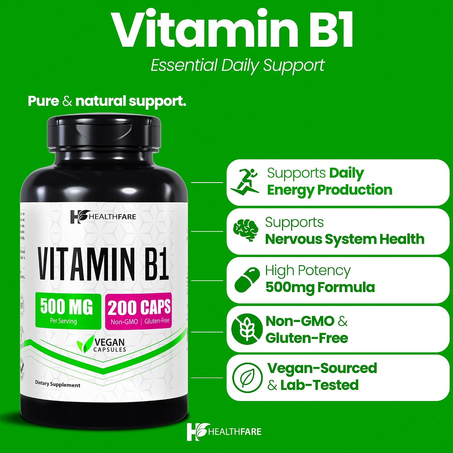 Healthfare Vitamina B1 (Tiamina) 500mg | 200 Cápsulas Veganas | Alta Potencia