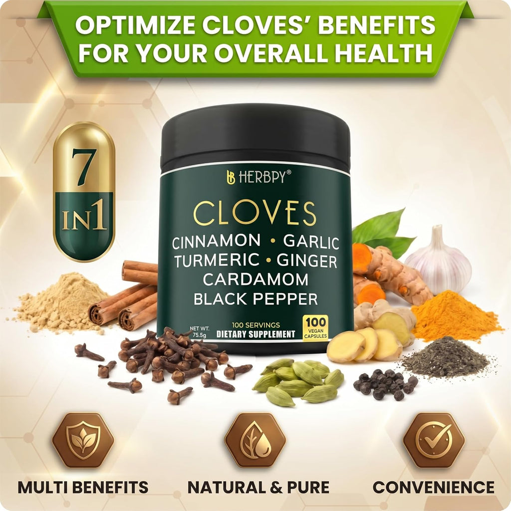 Herbpy 7 en 1 Clavo de Olor 500 mg con Cúrcuma, Jengibre, Canela y Más - 100 Cápsulas Veganas