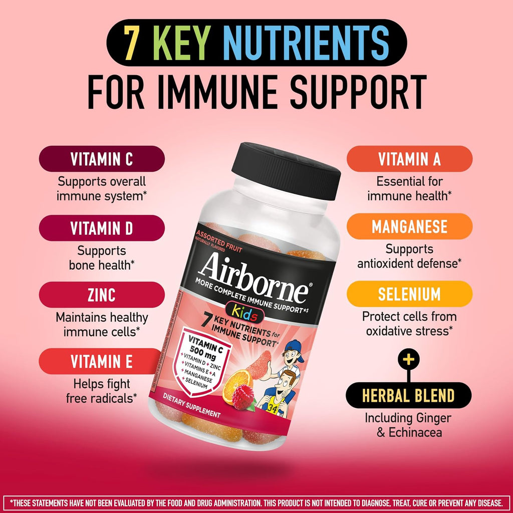 Airborne Kids Immune Support Gummies, Sabor Frutas Variadas, 42 unidades - 500 mg de Vitamina C + Vitaminas A, D, E + Zinc, Selenio, Manganeso | Mezcla de Hierbas | Sabor Natural
