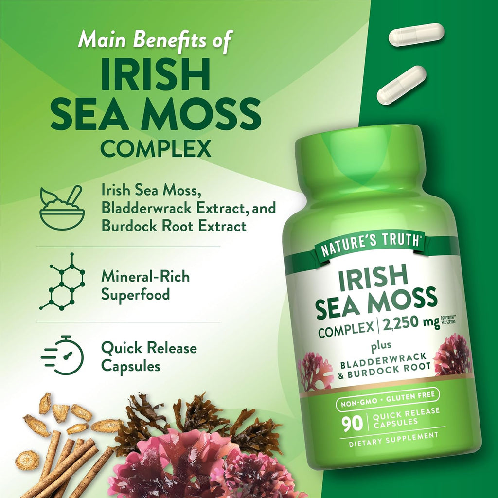 Nature's Truth Irish Sea Moss Cápsulas 90 Ud. - Complejo con Bladderwrack y Burdock Root - Sin Gluten y No GMO
