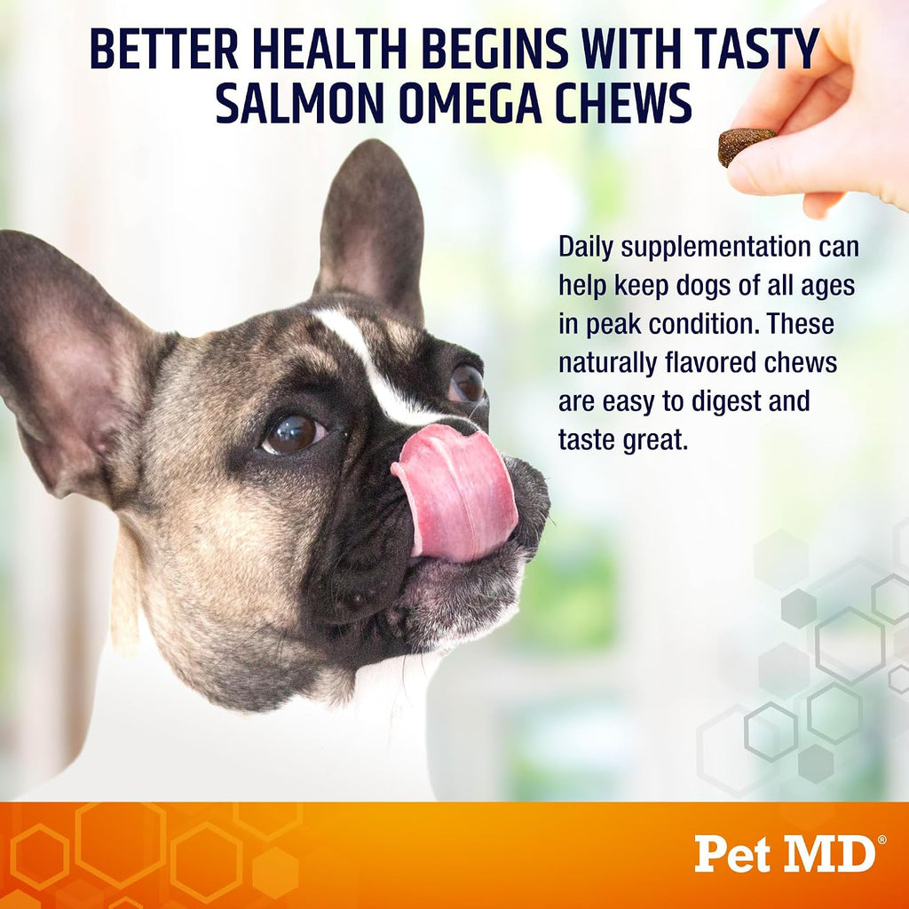 Pet MD Omega Bites de Salmón para Perros - Suplemento de Omega 3 y 6 con DHA y EPA - 60 Masticables