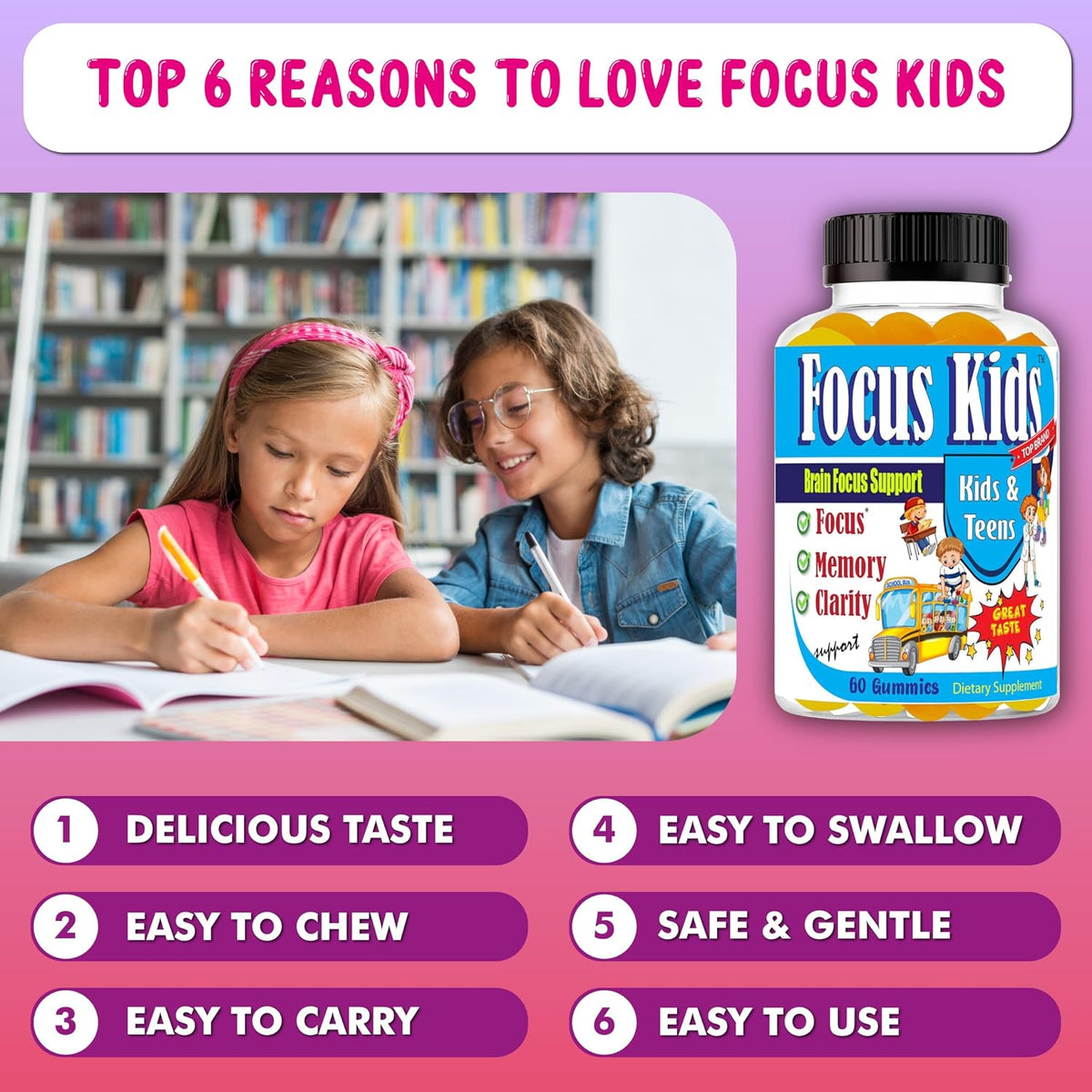 Focus Kids Gummies – Gomitas de Enfoque para Niños y Adolescentes con DHA y Omega 3-6-9, 60 unidades – Image 3