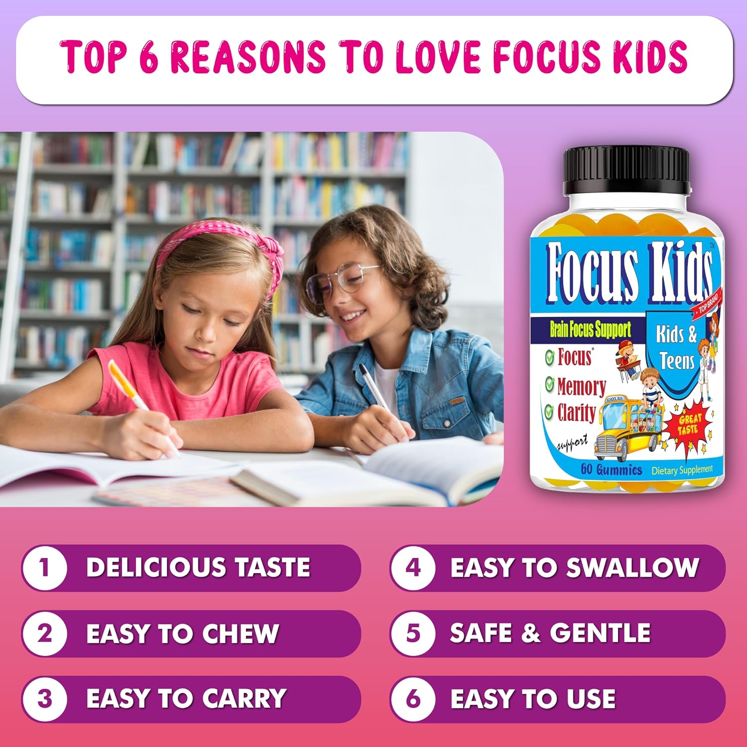 Focus Kids Gummies – Gomitas de Enfoque para Niños y Adolescentes con DHA y Omega 3-6-9, 60 unidades