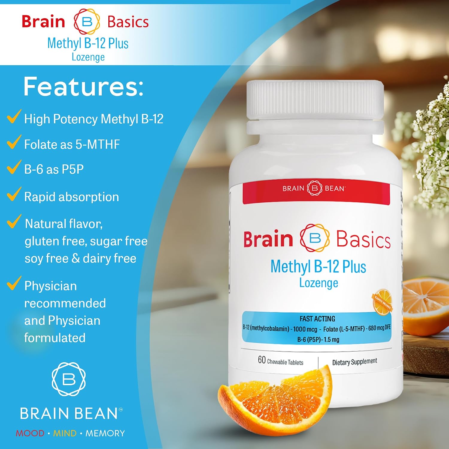 Metil B-12 y Metil Folato de Alta Potencia – 60 Comprimidos Masticables Sabor Naranja – Suplemento Bioactivo de Vitamina B12 y B9