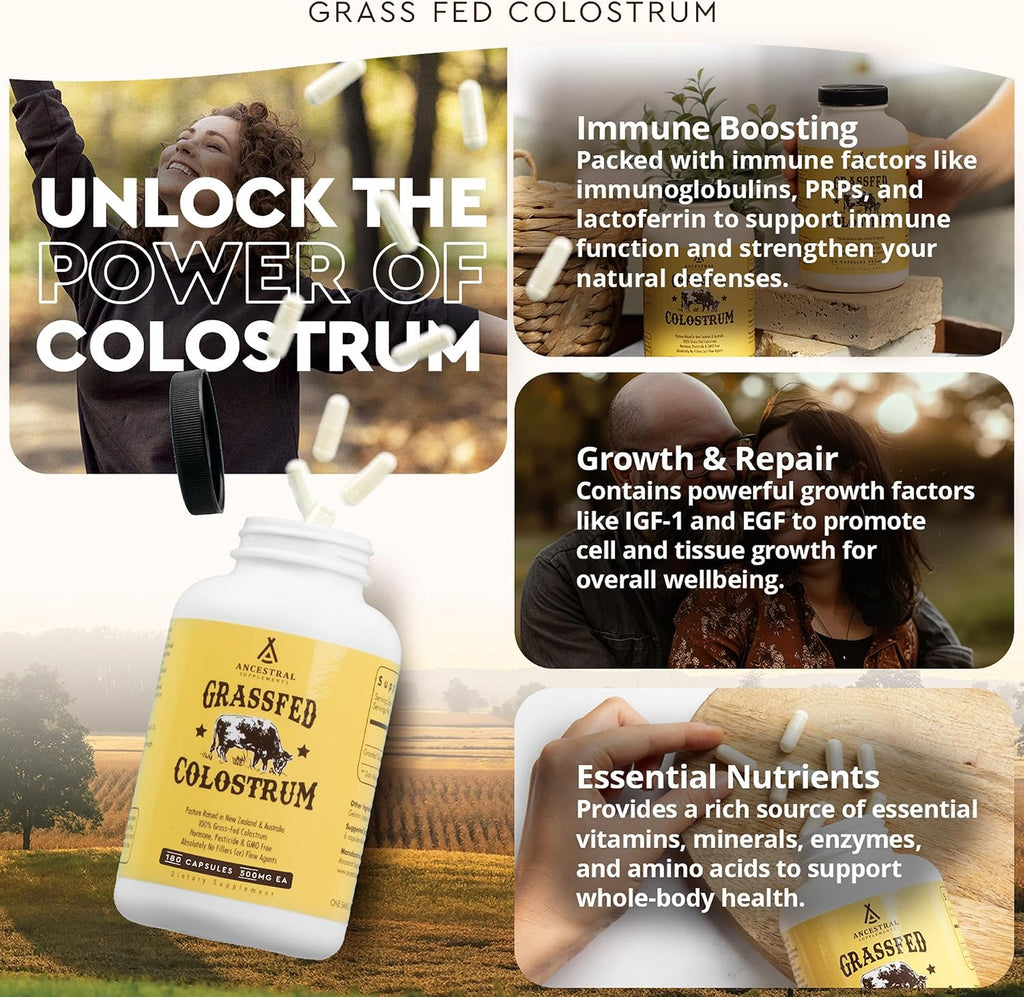 Ancestral Supplements Suplemento de Calostro Bovino Grass Fed, 3000 mg, 180 Cápsulas