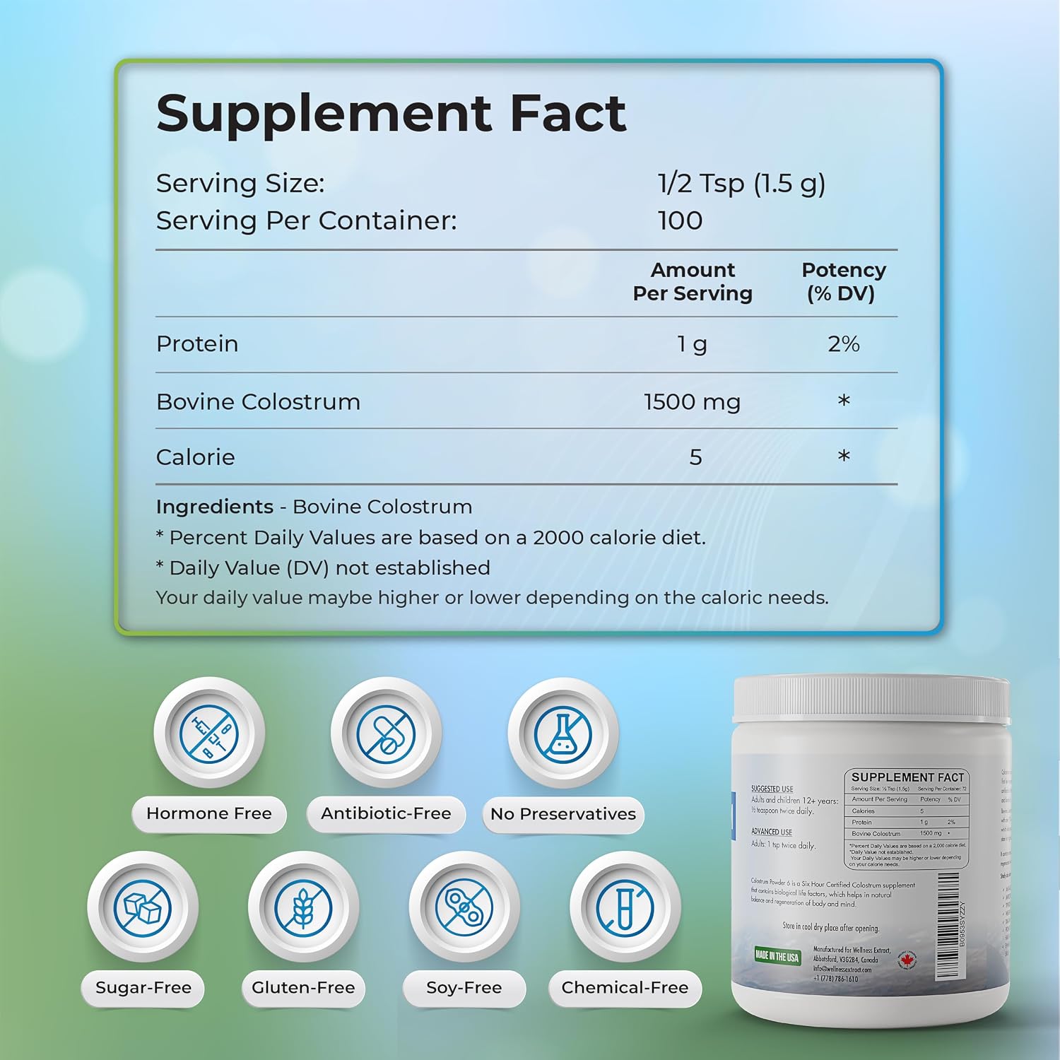 WELLNESS EXTRACT Calostro Bovino en Polvo - Orgánico, Alimentado con Pasto, con Lactoferrina, Rico en IgG, Sin Sabor, 150g