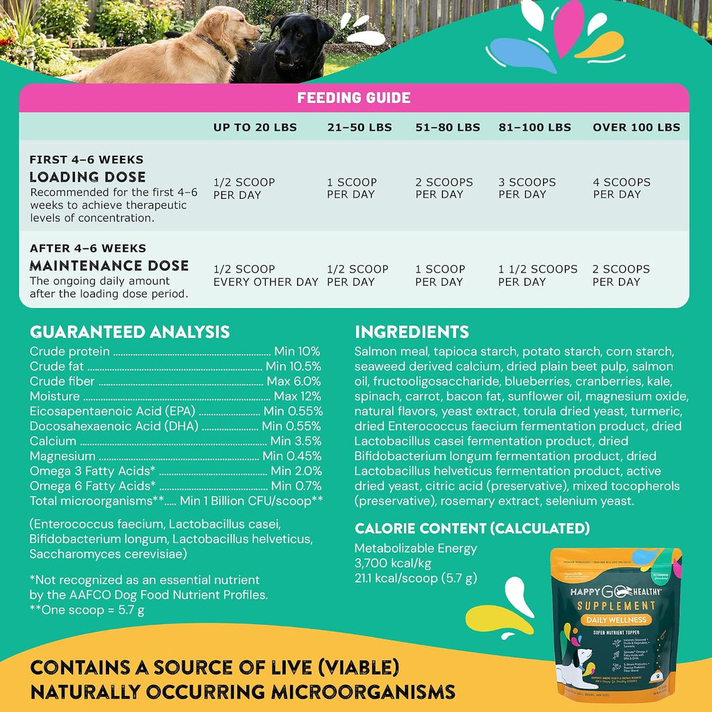 Happy Go Healthy Complemento Diario para Perros | Probióticos y Prebióticos con Aceite de Salmón y Algas | 120 unidades