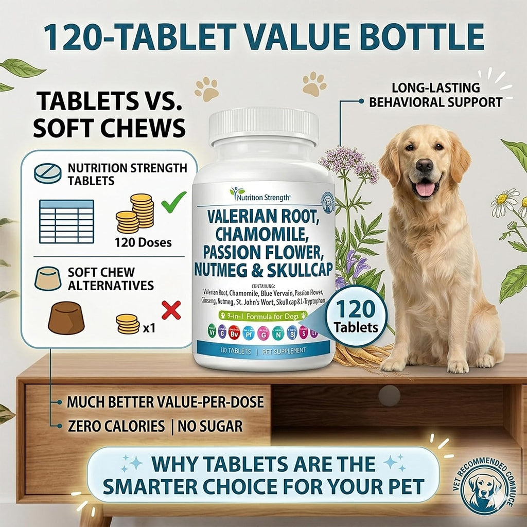 Nutrition Strength 9-en-1 Valeriana para Perros 200mg, Manzanilla 160mg, L-Triptófano y Hierbas para Estrés y Calma, 120 Comprimidos