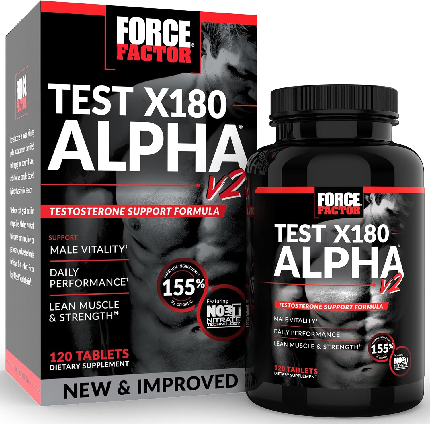 Force Factor Test X180 Alpha v2 – Suplemento de Apoyo Masculino, 120 Comprimidos