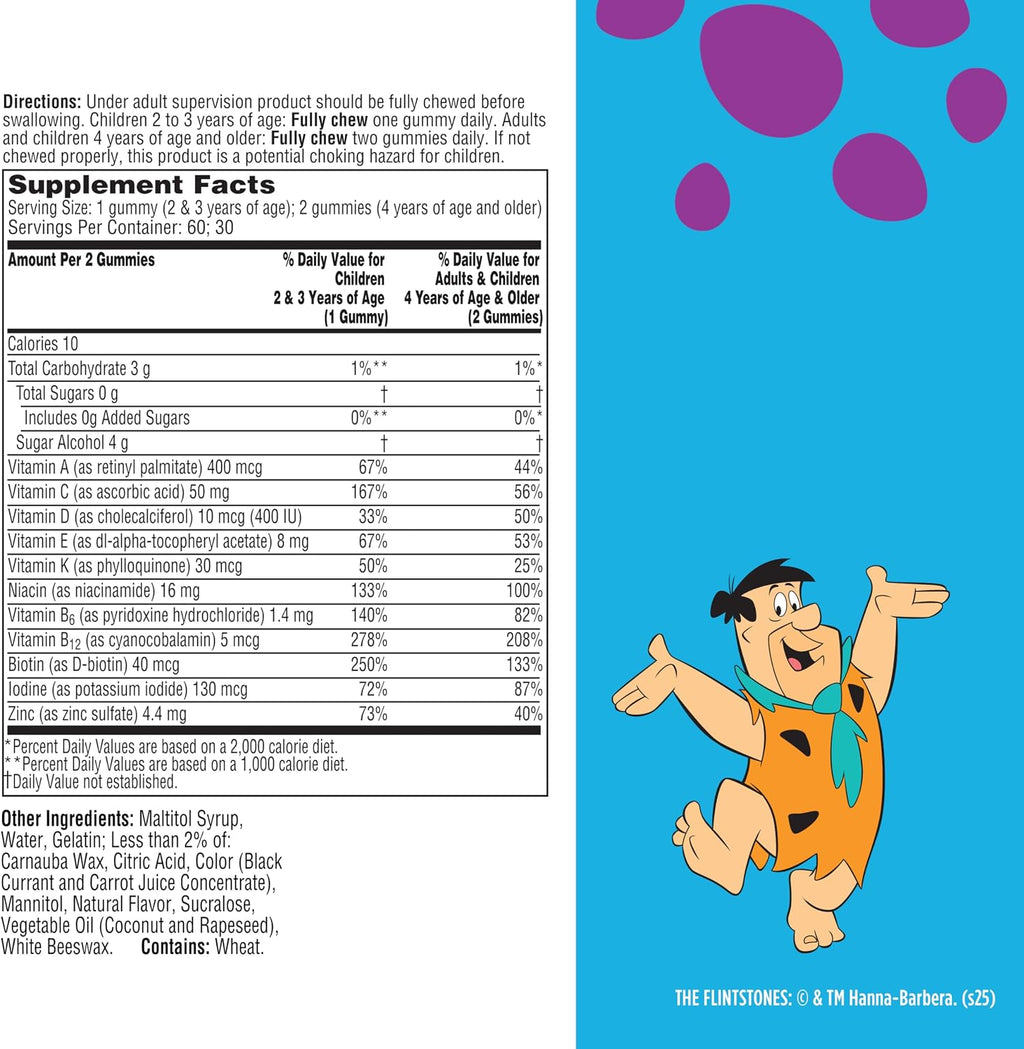 Flintstones Multivitaminas para Niños, Gominolas Sin Azúcar, con Vitaminas A, C, E, B6 y B12, Sabor Frambuesa, 60 Gominolas