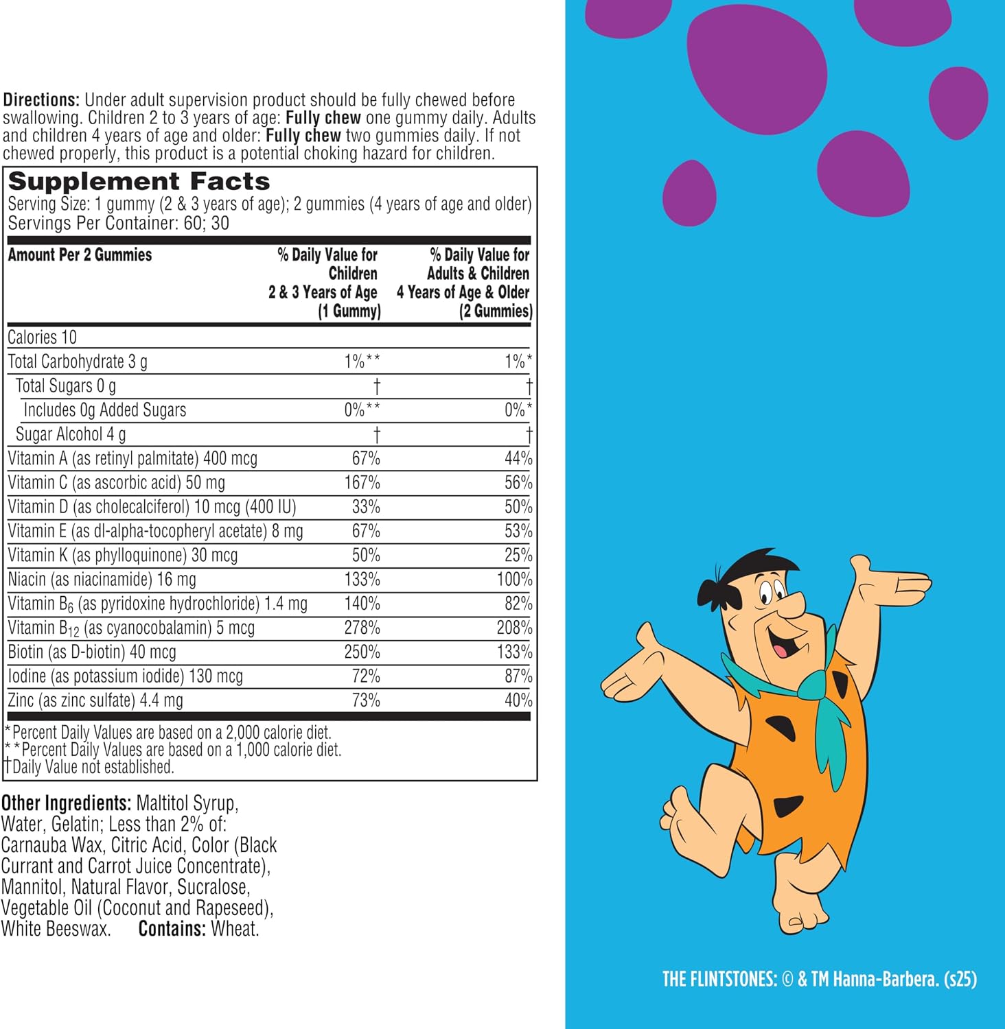 Flintstones Multivitaminas para Niños, Gominolas Sin Azúcar, con Vitaminas A, C, E, B6 y B12, Sabor Frambuesa, 60 Gominolas