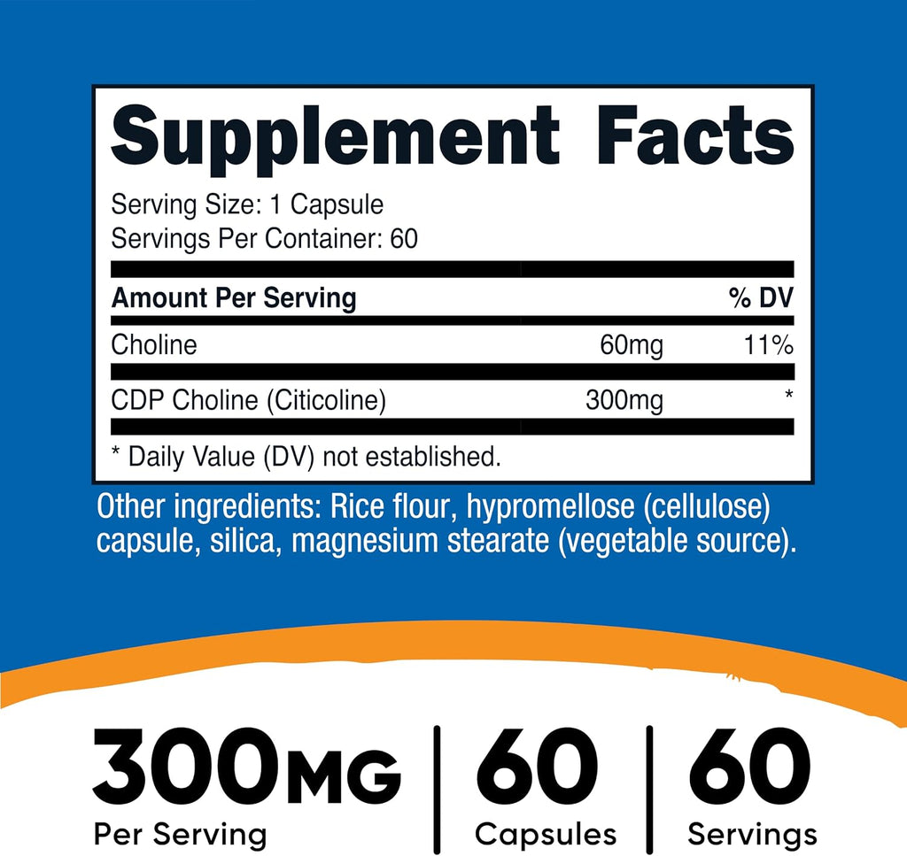 Nutricost CDP Colina (Citicolina) 300mg, 60 Cápsulas Vegetarianas