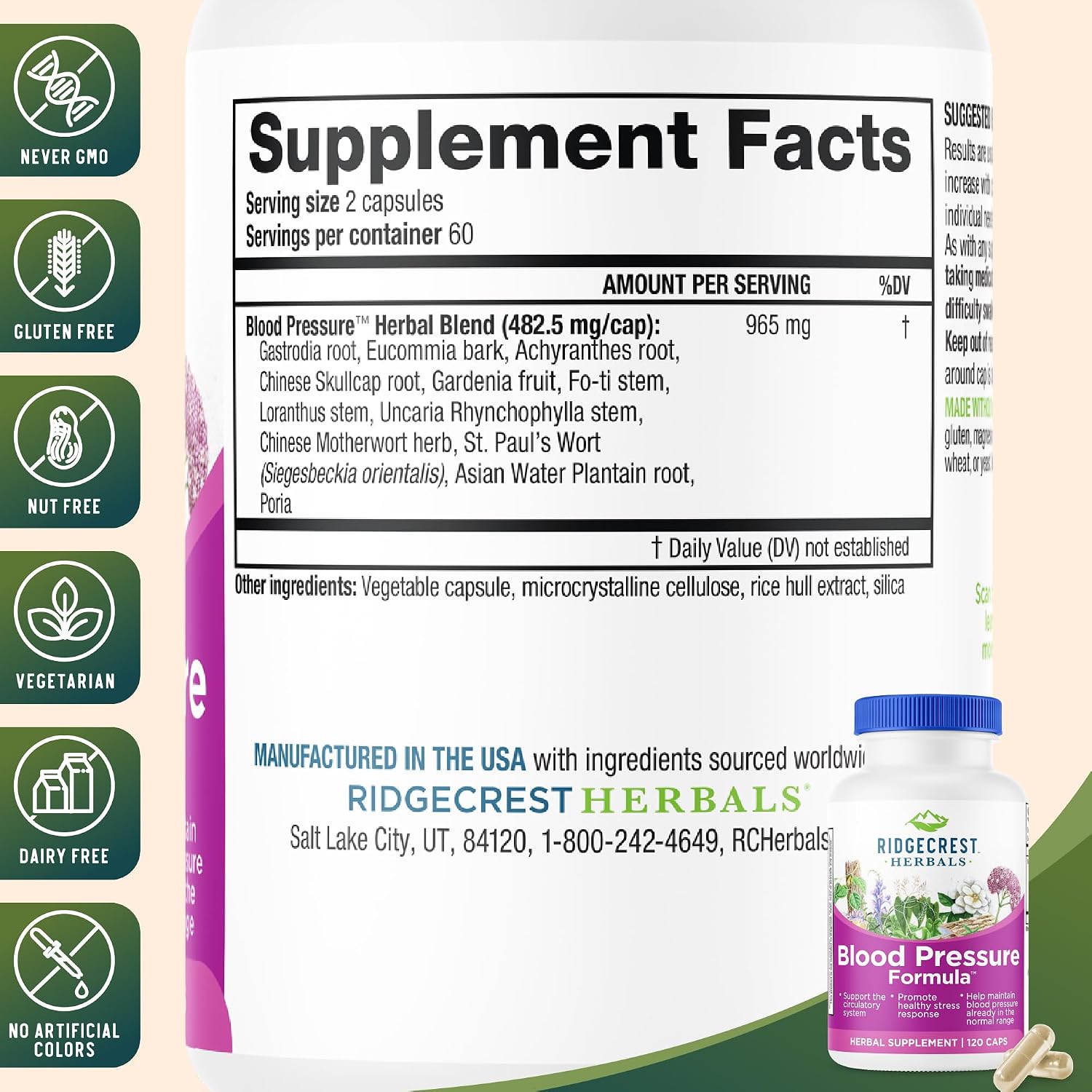 RidgeCrest Herbals Fórmula Herbal para la Presión Arterial, 12 Hierbas, 120 Cápsulas