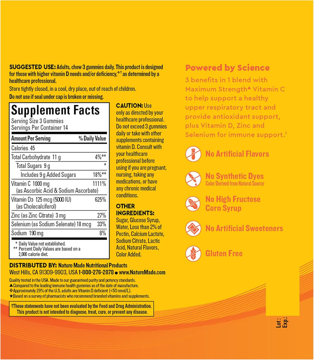 Nature Made Wellblends ImmuneMAX Gominolas con Vitamina C, Zinc, Vitamina D3 y Selenio, 42 gominolas sabor mandarina