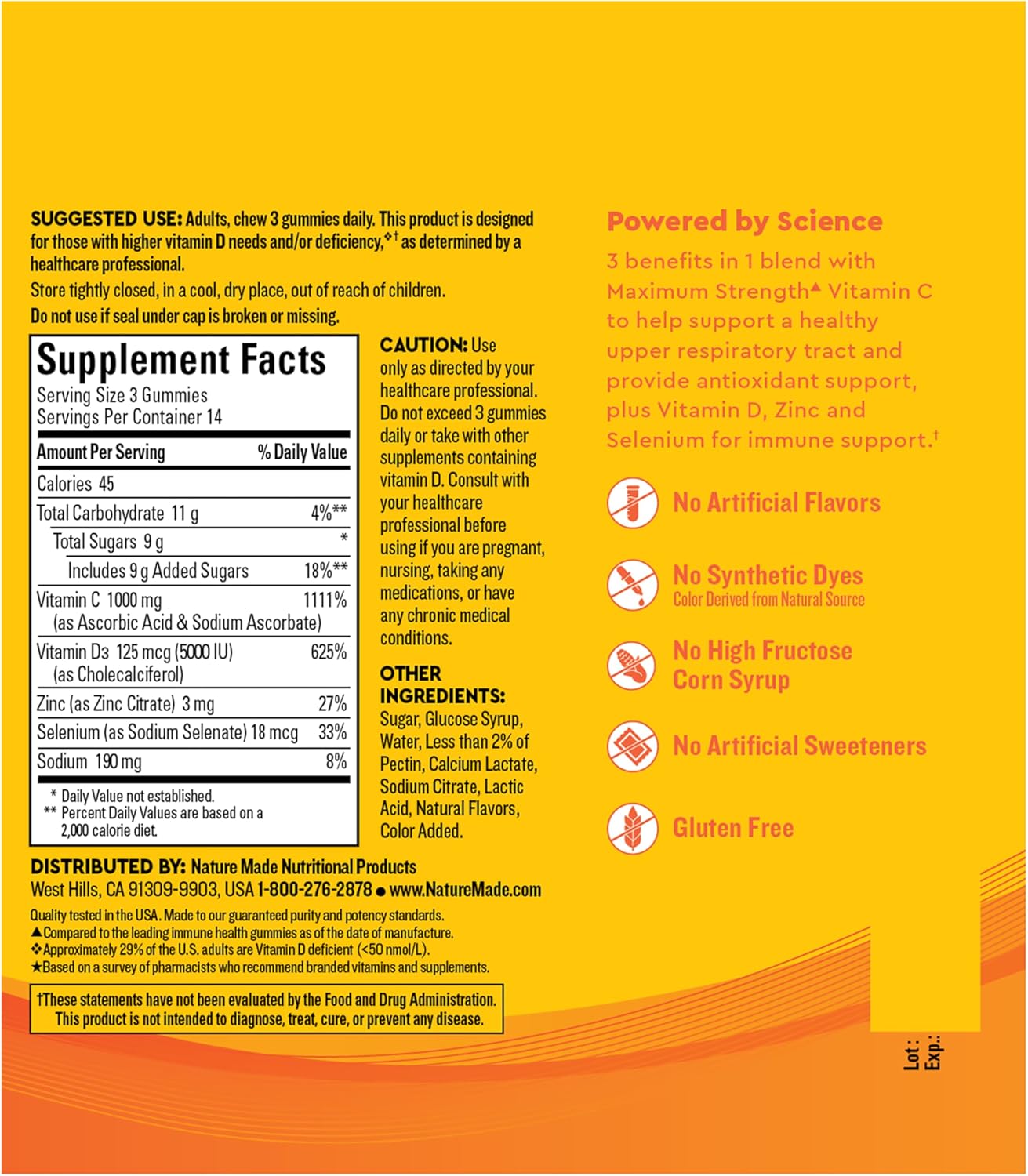 Nature Made Wellblends ImmuneMAX Gominolas con Vitamina C, Zinc, Vitamina D3 y Selenio, 42 gominolas sabor mandarina