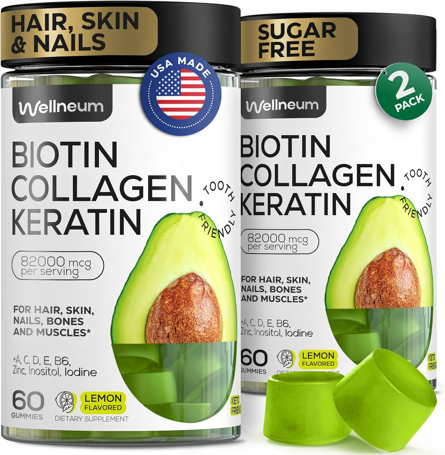 Wellneum Gominolas de Biotina 12000mcg con Colágeno, Keratina y Retinol - Sin Azúcar, 120 Gominolas (2 Envases)