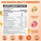 2 Paquetes de Gominolas de Vitamina D3 y K2 para Adultos, Sin Azúcar, Vitamina D3 5000UI + K2 (MK-7) 200mcg Suplemento con Complejo B y Vitaminas C y E, para Huesos, Músculos, Dientes e Inmunidad, Vegano, Sin Gluten