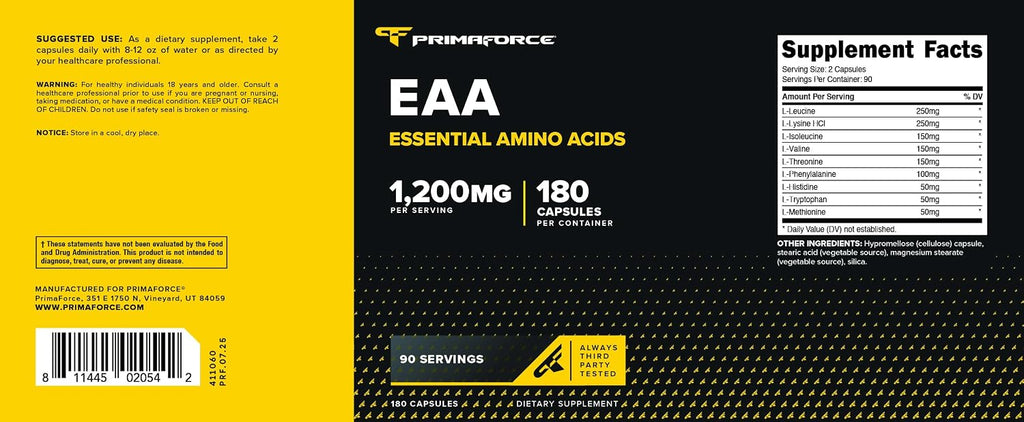 Primaforce EAA Cápsulas 1200mg, 180 Cápsulas, 90 Dosis - Aminoácidos Esenciales