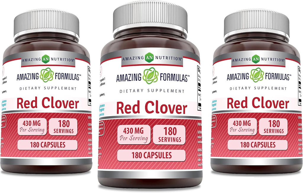Amazing Formulas Trébol Rojo 430 mg Cápsulas - Extracto de Flores - No Transgénico, Sin Gluten - 180 Cápsulas (Paquete de 3)