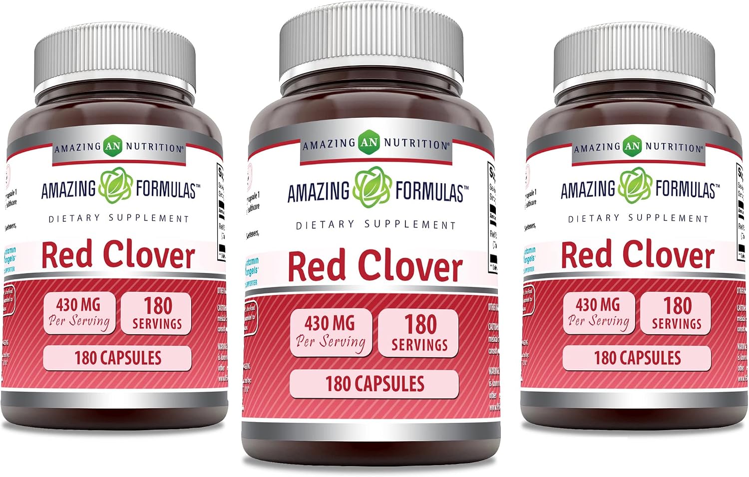 Amazing Formulas Trébol Rojo 430 mg Cápsulas - Extracto de Flores - No Transgénico, Sin Gluten - 180 Cápsulas (Paquete de 3)