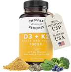 Thomas' all-natural Remedies D3 + K2 con MCT Oil y Mezcla de Alimentos Integrales, 1000 UI D3, Vegano, 120 Cápsulas