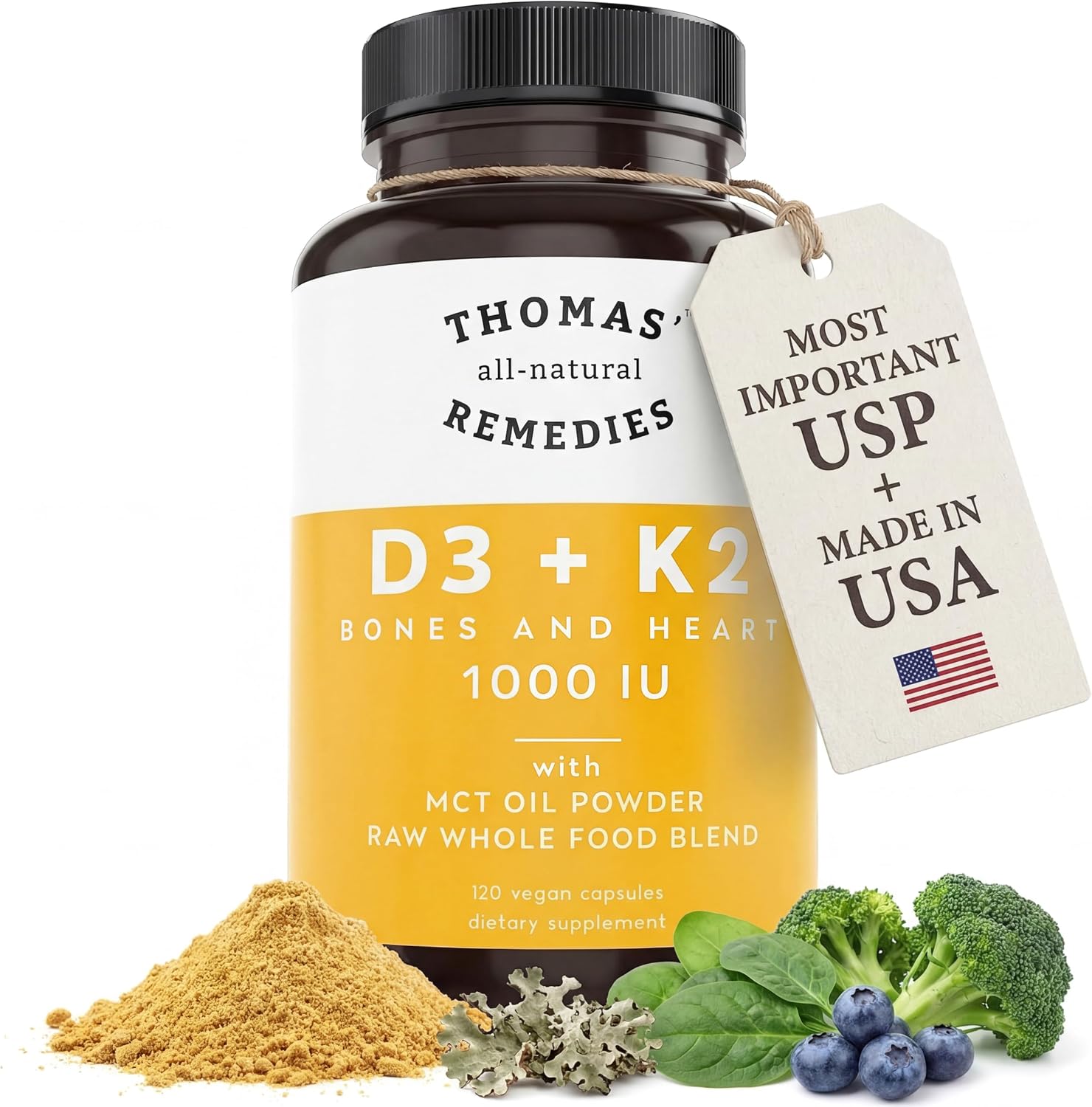 Thomas' all-natural Remedies D3 + K2 con MCT Oil y Mezcla de Alimentos Integrales, 1000 UI D3, Vegano, 120 Cápsulas