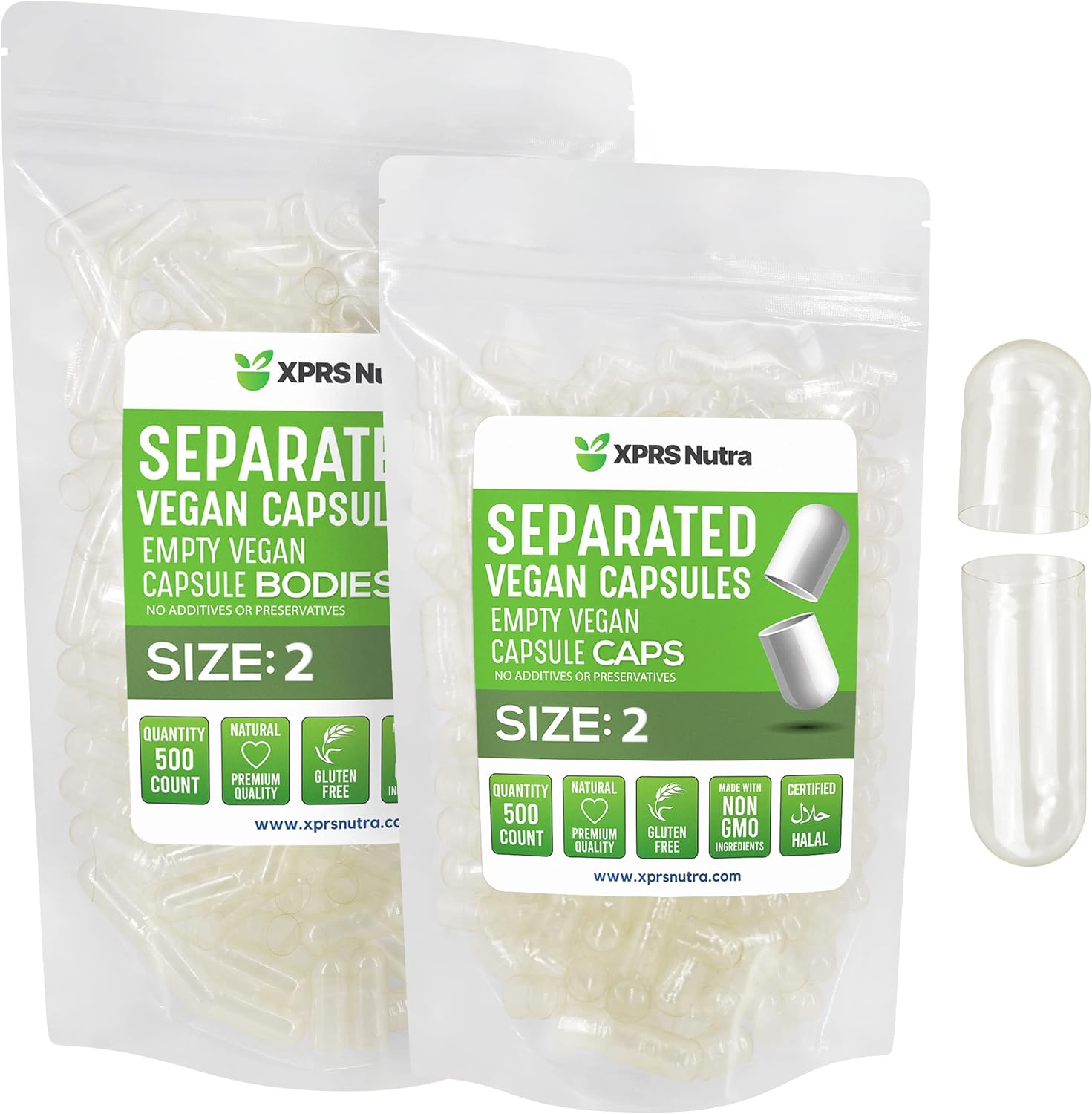 XPRS Nutra Cápsulas Veganas Vacías Tamaño 2 - 500 Unidades - Cápsulas Separadas Premium para Llenar tus Propios Suplementos