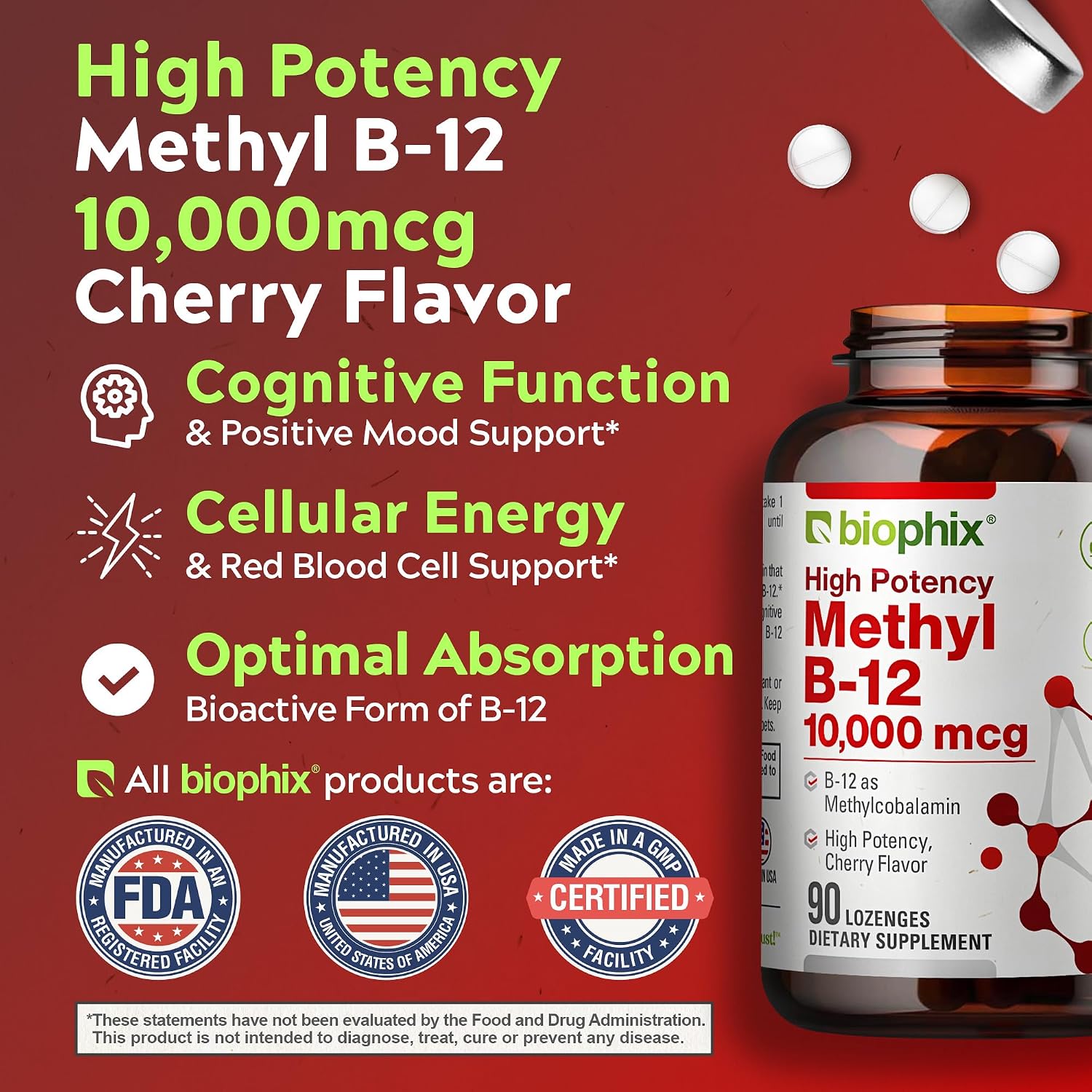 biophix Metilcobalamina B12 10000 mcg - 90 Comprimidos Veganos Sabor Cereza