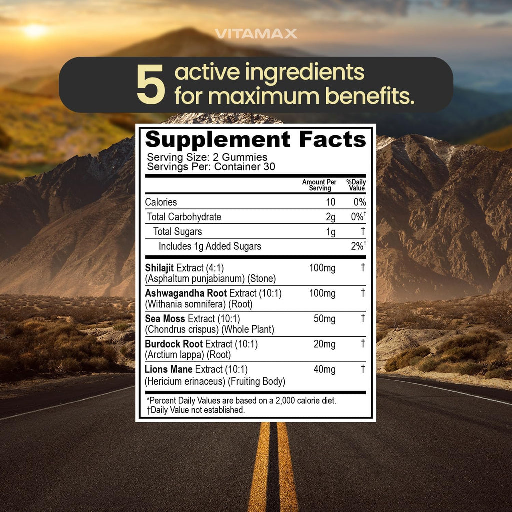 Pure Shilajit Gummies con Sea Moss, Ashwagandha y Minerales - Sabor Sandía - 60 Gomitas