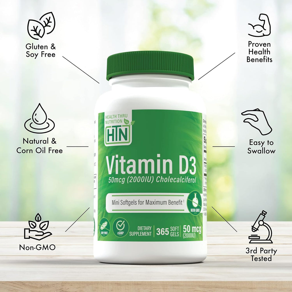 Health Thru Nutrition Vitamina D3 2000 IU 365 Cápsulas Blandas - Suministro para un Año