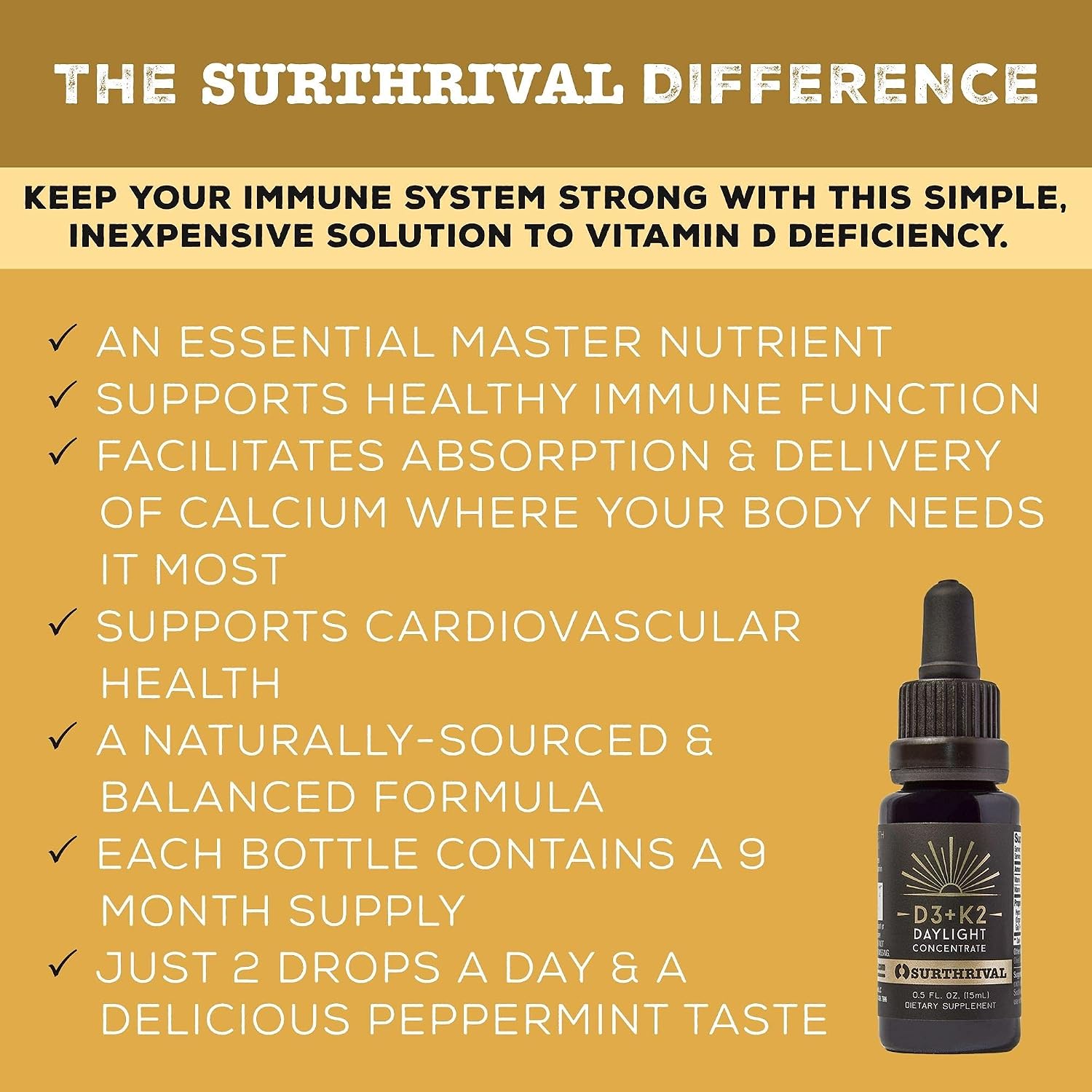 Surthrival Concentrado Daylight Vitamina D3+K2, 0.5 oz (270 dosis)
