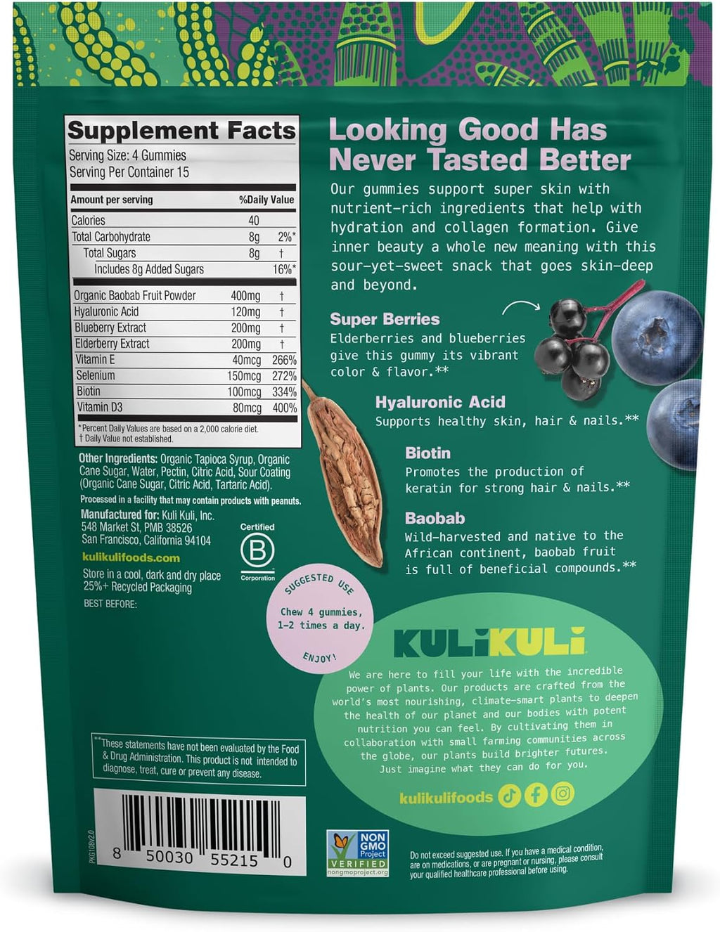 Kuli Kuli Super Gummies - Suplemento para la piel con baobab, saúco y biotina - 60 gominolas veganas, sin gluten