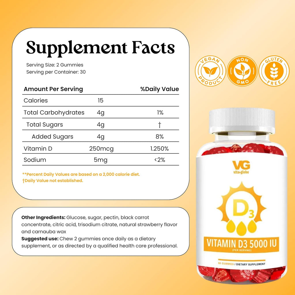 VITA GLOBE Vitamina D3 5000 IU (250 mcg) con Zinc y Equinácea - Gominolas Extra Fuertes para el Apoyo de Huesos y Sistema Inmunitario, 60 unidades (Pack de 2)