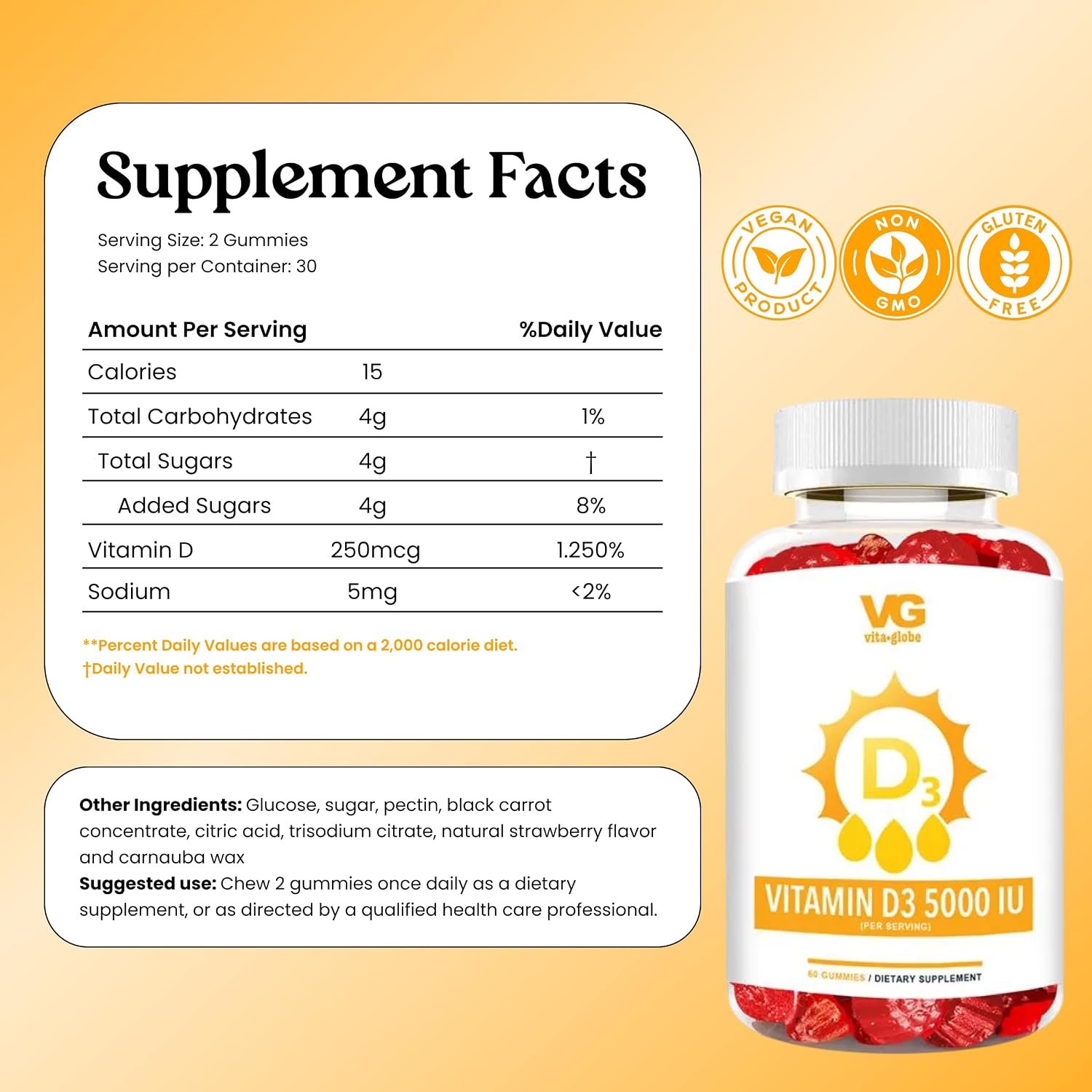 VITA GLOBE Vitamina D3 5000 IU (250 mcg) con Zinc y Equinácea - Gominolas Extra Fuertes para el Apoyo de Huesos y Sistema Inmunitario, 60 unidades (Pack de 2)