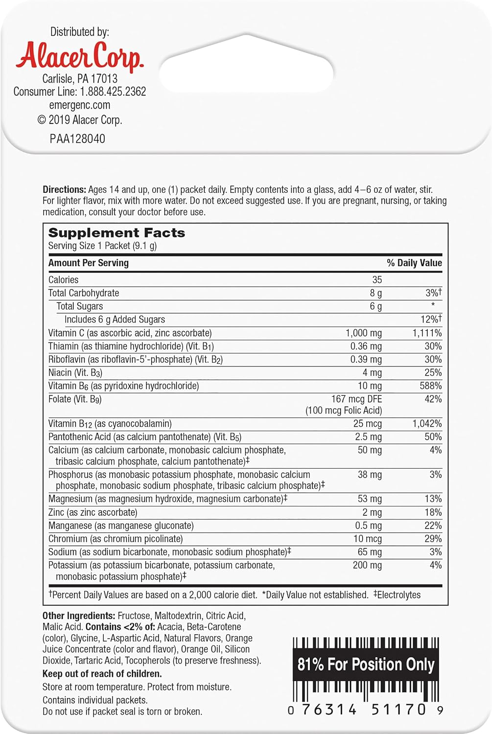 Emergen-C 1000 mg Vitamina C en Polvo con Zinc y Vitaminas B - 2 Sobres Sabor Naranja