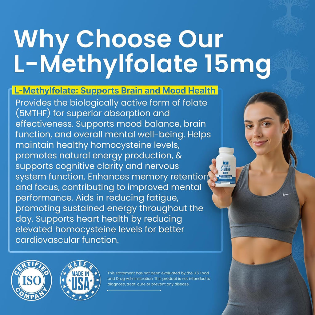 L-Metilfolato 15 mg, 120 cápsulas - Metilfolato altamente biodisponible, complemento alimenticio para ayudar al estado de ánimo y al sistema inmunológico